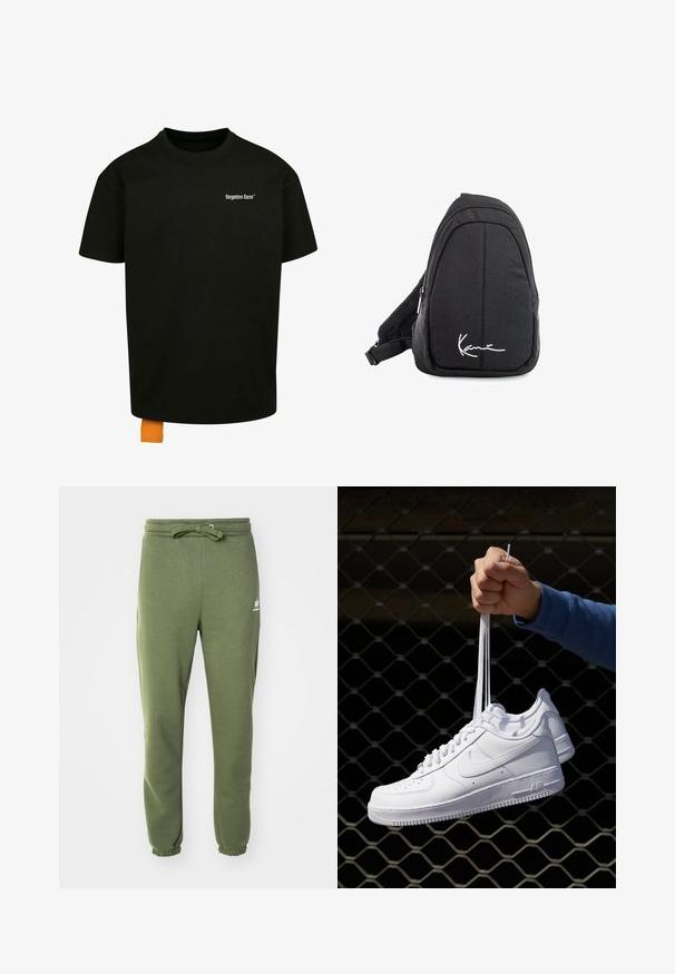 Camiseta de algodón negra con un corte holgado, cuello redondo y mangas cortas. Presenta un logotipo en texto blanco en el pecho y una etiqueta naranja en el dobladillo.; Pantalones de chándal verde oliva hechos de una tela suave, con cintura elástica, cordón y puños elásticos en los tobillos. Detalle del logo en blanco en el costado.; Zapatillas de cuero blanco con perforaciones, punta redonda, suela plana y cordones gruesos, con un logo de swoosh visible y "AIR" en el talón.; Mochila de tela negra tipo bandolera con una textura suave, que presenta un diseño curvado, un compartimento con cremallera y un logo blanco en la parte frontal.