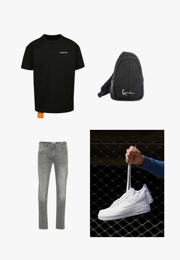 Čierne bavlnené tričko s voľným strihom, okrúhlym výstrihom a krátkymi rukávmi. Obsahuje biele logo s textom na hrudi a oranžový štítok na leme.; Sivé denímové nohavice so slim fit, päť vreckami, jemným opotrebovaním a zipsom s gombíkovým zapínaním.; Biele kožené tenisky s perforáciami, okrúhlou špičkou, plochou podrážkou a hrubými šnúrkami, pričom majú viditeľné logo swoosh a nápis "AIR" na päte.; Čierny látkový vakuový batoh s hladkou textúrou, ktorý má zakrivený dizajn, zipsovú priehradku a biele logo vpredu.