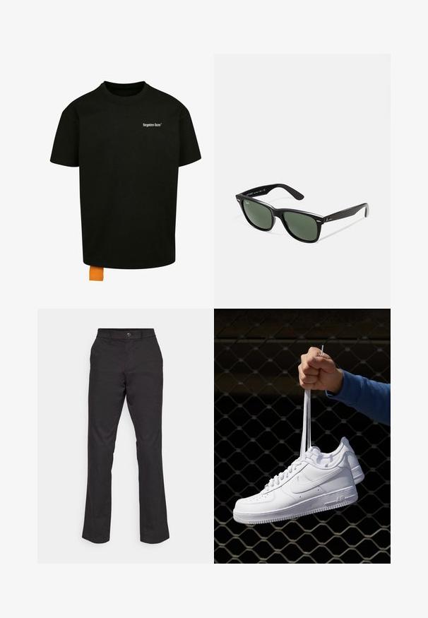 Juodas medvilnės marškinėliai laisvu kirpimu, apvalia iškirpte ir trumpomis rankovėmis. Pirmoje pusėje yra balta tekstinė logo ir oranžinė etiketė ant apačios.; GAP STRAIGHT PERFORMANCE - Kelnės - true black; Balti odiniai sportiniai bateliai su perforacijomis, apvalia nosimi, plokščiu padu ir storomis raištelėmis, su matomu swoosh logotipu ir "AIR" ant kulno.; Juodi plastikiniai saulės akiniai su žaliais objektyvais, kvadratiniais rėmeliais, sidabriniu akcentu ant antakio ir tekstūruotais šventyklų šakutėmis. Vidinėje šakutėje nurodyta prekės ženklo pavadinimas.; Juodas audinio petinis krepšys su lygiu paviršiumi, turintis kreivą dizainą, užtrauktuku uždaromą skyrių ir baltą logotipą priekyje.