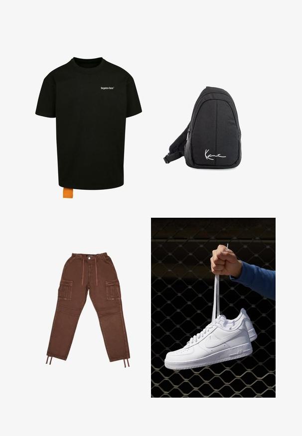 Zwarte katoenen t-shirt met een losse pasvorm, ronde hals en korte mouwen. Bevat een wit tekstlogo op de borst en een oranje label aan de zoom.; Bruine cargobroek van een lichtgewicht stof, met een elastische tailleband, opgestikte zakken aan de zijkanten en touwtjes bij de boorden.; Witte leren sneakers met perforaties, ronde neus, vlakke zool en dikke veters, met een zichtbare swoosh-logo en "AIR" op de hiel.; Zwarte stoffen schouderrugzak met een soepele textuur, met een gebogen ontwerp, een ritscompartiment en een wit logo aan de voorkant.
