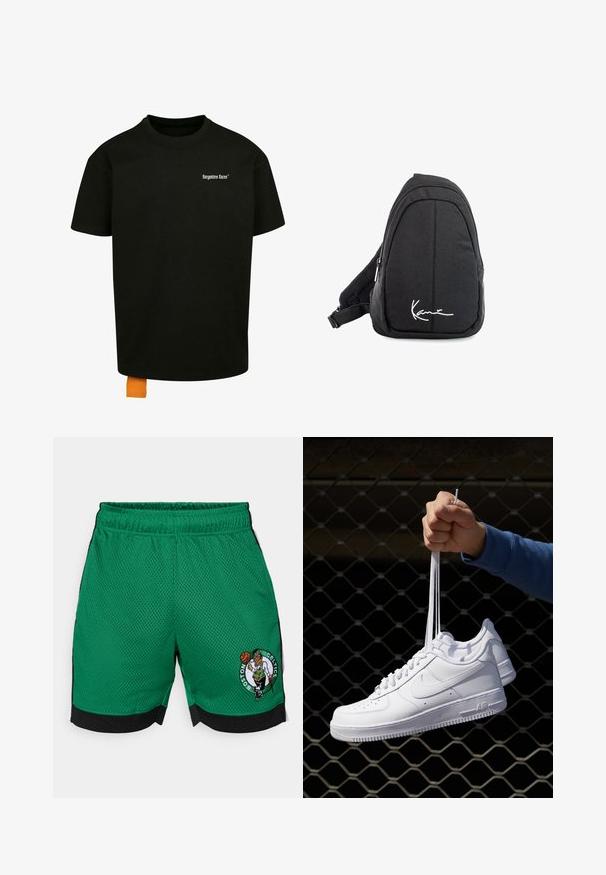 Černé bavlněné tričko s volným střihem, kulatým výstřihem a krátkými rukávy. Na hrudi se nachází bílý textový logo a na lemu je oranžová etiketa.; Zelené basketbalové kraťasy vyrobené z síťované tkaniny, s černým pasem, bočními panely a vyšitým logem Boston Celtics.; Bílé kožené tenisky s perforacemi, kulatou špičkou, plochou podrážkou a silnými tkaničkami, které mají viditelné logo swoosh a nápis "AIR" na patě.; Černý textilní batoh s popruhem přes rameno, hladkým povrchem, zakřiveným designem, zipovou přihrádkou a bílým logem na přední straně.