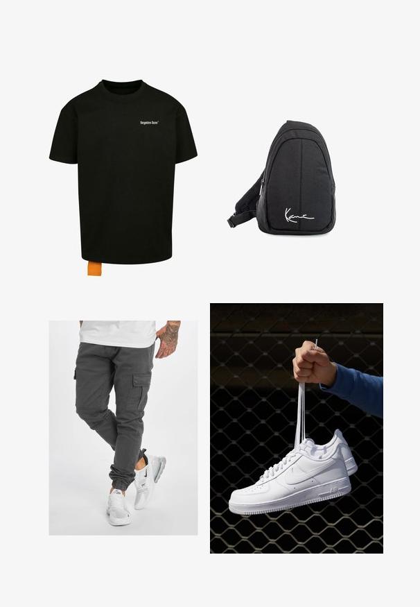 Schwarzes Baumwoll-T-Shirt mit lockerer Passform, Rundhalsausschnitt und kurzen Ärmeln. Mit weißem Textlogo auf der Brust und einem orangefarbenen Etikett am Saum.; Graue Cargo-Hosen mit mehreren Taschen, schmal zulaufendem Bein und verstellbaren Bündchen, kombiniert mit weißen Sneakers mit schwarzen Akzenten und transparenten Sohlen.; Weiße Leder-Sneaker mit Perforationen, runder Zehenpartie, flacher Sohle und dicken Schnürsenkeln, mit sichtbar eingesticktem Swoosh-Logo und "AIR" an der Ferse.; Schwarzer Stoff-Sling-Rucksack mit glatter Textur, gekennzeichnet durch ein geschwungenes Design, ein Reißverschlussfach und einem weißen Logo auf der Vorderseite.