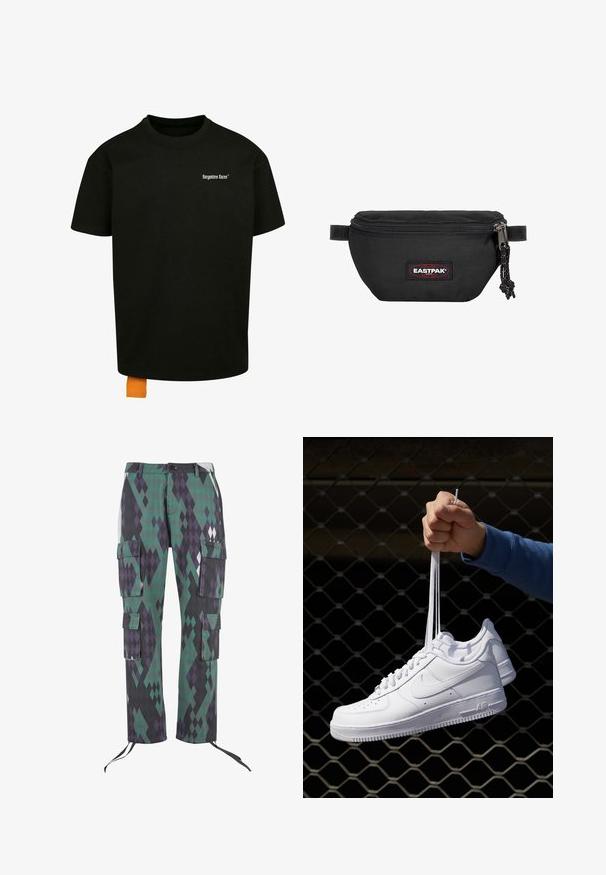 Black cotton t-shirt with a loose fit, crew neck, and short sleeves. Features white text logo on the chest and an orange tag at the hem.; Cargo pants in a diamond pattern of green, purple, and black. Features six pockets, adjustable cuffs, and a button closure at the waist.; White leather sneakers with perforations, round toe, flat sole, and thick laces, featuring a visible swoosh logo and "AIR" on the heel.; Black waist bag made of durable fabric, featuring a zip closure, adjustable strap, and a red and black logo patch on the front.
