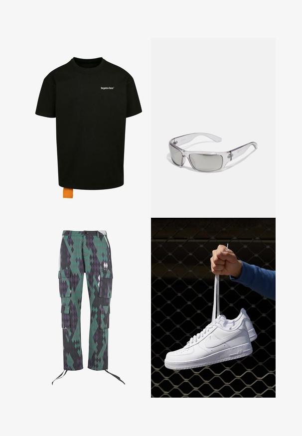 Black cotton t-shirt with a loose fit, crew neck, and short sleeves. Features white text logo on the chest and an orange tag at the hem.; Cargo pants in a diamond pattern of green, purple, and black. Features six pockets, adjustable cuffs, and a button closure at the waist.; White leather sneakers with perforations, round toe, flat sole, and thick laces, featuring a visible swoosh logo and "AIR" on the heel.; Sunglasses with a clear plastic frame, gray lenses, wrap-around design, and logo detail on the side. Smooth texture with curved arms.