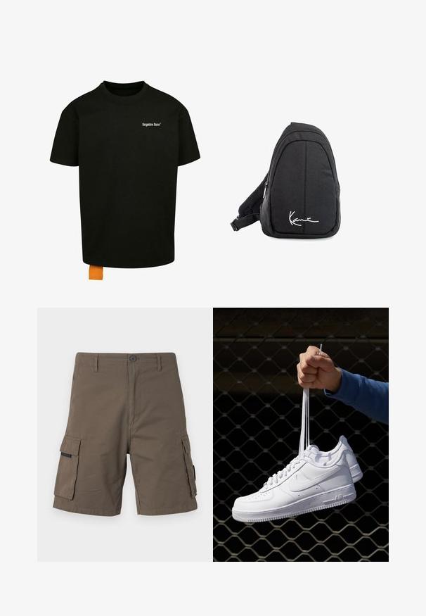 Mustapaita, jossa on löysä istuvuus, pyöreä kaula-aukko ja lyhyet hihat. Rinnassa valkoinen tekstilogo ja hemassa oranssi etiketti.; Vihreät cargo shorts, valmistettu puuvillasta, joissa on kaksi sivutaskua, napillinen sulku ja suora lahje.; Valkoiset nahkasneakersit, joissa on rei'ityksiä, pyöreä kärki, tasapohja ja paksut nauhat, joissa on näkyvä swoosh-logo ja "AIR" kantapäässä.; Musta kangaskassireppu, jossa on sileä pinta, kaareva muotoilu, vetoketjullinen osio ja valkoinen logo etupuolella.