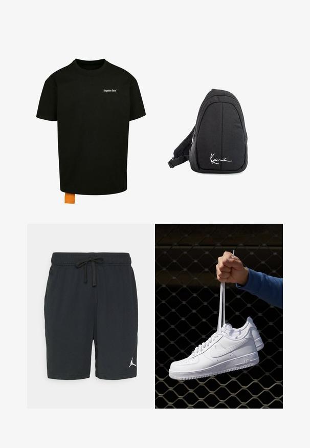 Must must T-särk, millel on lõtv lõige, ümmargune kaelus ja lühikesed varrukad. Rinnal on valge teksti logo ja hemil oranž silt.; Mustad mustreeritud mustad spordilühikesed püksid elastse vöökoha ja nööridega. Vasakul allservas on valge logo.; Valged nahast tennisetossud, millel on perforatsioonid, ümar nina, lame tallus ja paksud nöörid, nähtava swooshi logoga ja "AIR" kontsadel.; Mustmust kangas õlakott sujuva tekstuuriga, millel on kaarduv disain, tõmblukuga sektsioon ja valge logo esiküljel.