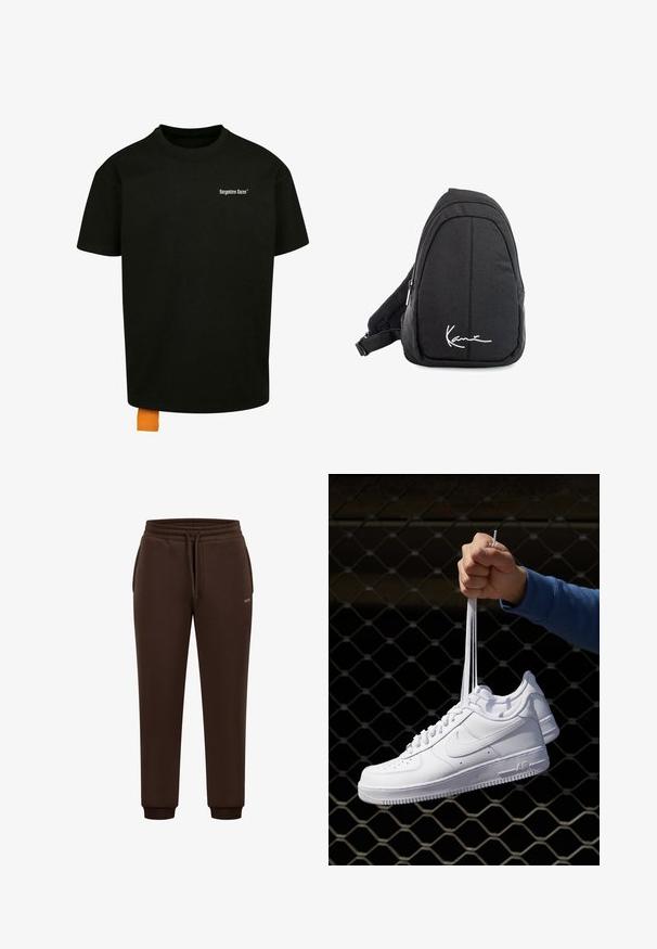 Schwarzes Baumwoll-T-Shirt mit lockerer Passform, Rundhalsausschnitt und kurzen Ärmeln. Mit weißem Textlogo auf der Brust und einem orangefarbenen Etikett am Saum.; Dunkelbraune Jogginghosen mit elastischem Bund, Kordelzug, seitlichen Taschen, gerippten Knöcheln und einem kleinen Metall-Brand-Tag auf der rechten Seite.; Weiße Leder-Sneaker mit Perforationen, runder Zehenpartie, flacher Sohle und dicken Schnürsenkeln, mit sichtbar eingesticktem Swoosh-Logo und "AIR" an der Ferse.; Schwarzer Stoff-Sling-Rucksack mit glatter Textur, gekennzeichnet durch ein geschwungenes Design, ein Reißverschlussfach und einem weißen Logo auf der Vorderseite.