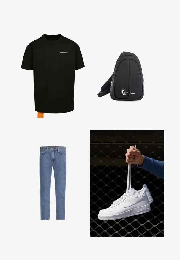Black cotton t-shirt with a loose fit, crew neck, and short sleeves. Features white text logo on the chest and an orange tag at the hem.; Light blue denim jeans with a straight-leg cut, five pockets, and contrasting stitching. Slightly faded for a worn look. Chunky metal button.; White leather sneakers with perforations, round toe, flat sole, and thick laces, featuring a visible swoosh logo and "AIR" on the heel.; Black fabric sling backpack with a smooth texture, featuring a curved design, zippered compartment, and a white logo on the front.