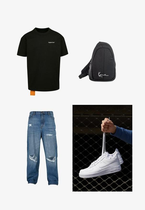 Černé bavlněné tričko s volným střihem, kulatým výstřihem a krátkými rukávy. Na hrudi se nachází bílý textový logo a na lemu je oranžová etiketa.; Vybledlé modré jeansy s uvolněným střihem, které mají řadu poškozených míst a třepené okraje. Zpevněné kapsy a zapínání na knoflík.; Bílé kožené tenisky s perforacemi, kulatou špičkou, plochou podrážkou a silnými tkaničkami, které mají viditelné logo swoosh a nápis "AIR" na patě.; Černý textilní batoh s popruhem přes rameno, hladkým povrchem, zakřiveným designem, zipovou přihrádkou a bílým logem na přední straně.