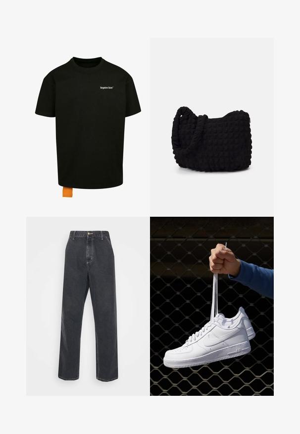 Čierne bavlnené tričko s voľným strihom, okrúhlym výstrihom a krátkymi rukávmi. Obsahuje biele logo s textom na hrudi a oranžový štítok na leme.; Carhartt WIP SIMPLE PANT - Džínsy voľného strihu - black heavy stone wash; Biele kožené tenisky s perforáciami, okrúhlou špičkou, plochou podrážkou a hrubými šnúrkami, pričom majú viditeľné logo swoosh a nápis "AIR" na päte.; Čierna látková taška s textúrovaným, prešívaným vzorom. Zaoblený tvar, krátke, hrubé rúčky a mäkká, flexibilná konštrukcia.
