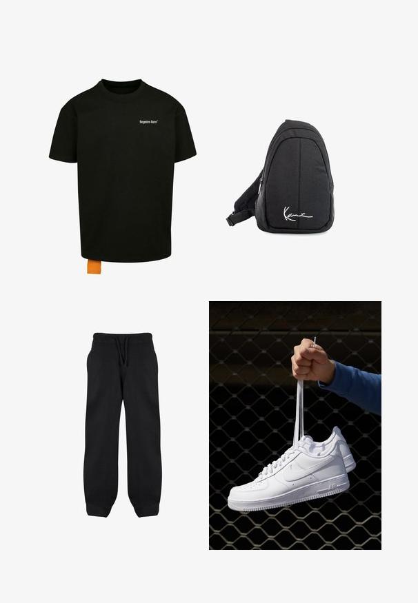 Černé bavlněné tričko s volným střihem, kulatým výstřihem a krátkými rukávy. Na hrudi se nachází bílý textový logo a na lemu je oranžová etiketa.; Černé tepláky s elastickým pasem, šňůrkou na stažení a bočními kapsami. Vyrobeny z měkké látky s volným střihem a manžetami na kotnících.; Bílé kožené tenisky s perforacemi, kulatou špičkou, plochou podrážkou a silnými tkaničkami, které mají viditelné logo swoosh a nápis "AIR" na patě.; Černý textilní batoh s popruhem přes rameno, hladkým povrchem, zakřiveným designem, zipovou přihrádkou a bílým logem na přední straně.