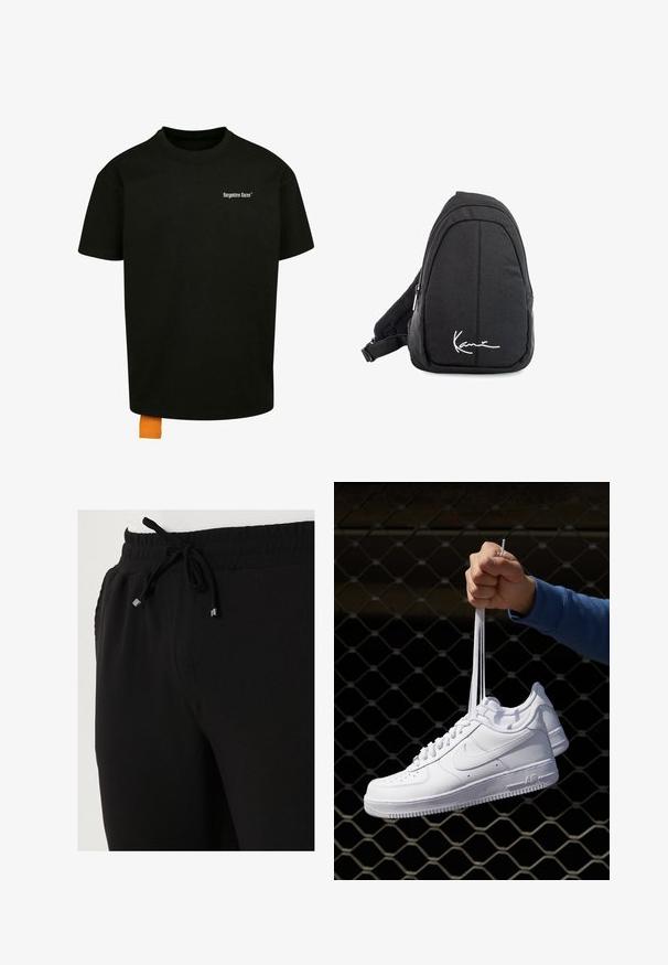 Sort bomulds t-shirt med løs pasform, rund hals og korte ærmer. Har et hvidt tekstlogo på brystet og et orange mærke i kanten.; Buratti Træningsbukser - black; Hvide lædersneakers med perforeringer, rund tå, flad sål og tykke snørebånd, med et synligt swoosh-logo og "AIR" på hælen.; Sort stof sling rygsæk med en glat overflade, som har en buet design, lynlåslomme og et hvidt logo på forsiden.