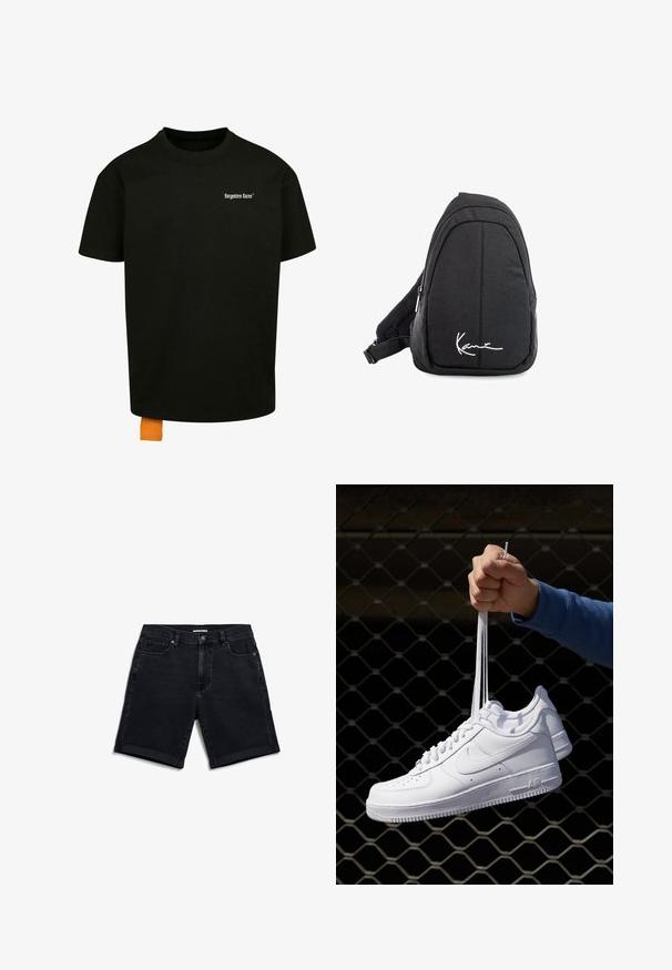 Schwarzes Baumwoll-T-Shirt mit lockerer Passform, Rundhalsausschnitt und kurzen Ärmeln. Mit weißem Textlogo auf der Brust und einem orangefarbenen Etikett am Saum.; Schwarze Jeansshorts mit geradem Schnitt, dezentem Used-Look, umgeschlagenen Säumen, fünf Taschen und einem einzigen Knopfverschluss an der Taille.; Weiße Leder-Sneaker mit Perforationen, runder Zehenpartie, flacher Sohle und dicken Schnürsenkeln, mit sichtbar eingesticktem Swoosh-Logo und "AIR" an der Ferse.; Schwarzer Stoff-Sling-Rucksack mit glatter Textur, gekennzeichnet durch ein geschwungenes Design, ein Reißverschlussfach und einem weißen Logo auf der Vorderseite.