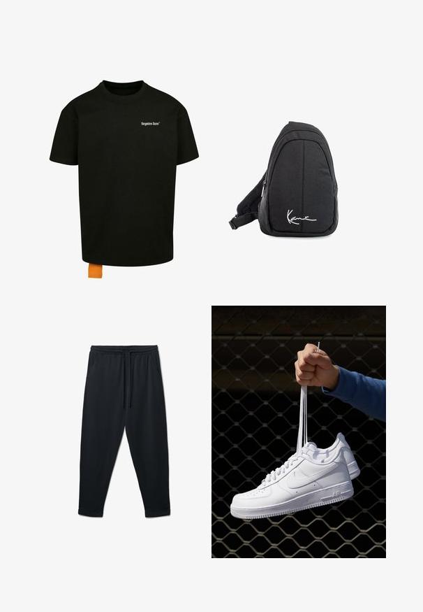 Schwarzes Baumwoll-T-Shirt mit lockerer Passform, Rundhalsausschnitt und kurzen Ärmeln. Mit weißem Textlogo auf der Brust und einem orangefarbenen Etikett am Saum.; Schwarze Jogginghosen mit elastischem Bund und verstellbarem Kordelzug. Mit Seitentaschen und schmal zulaufenden Bündchen an den Knöcheln. Glatte Textur.; Weiße Leder-Sneaker mit Perforationen, runder Zehenpartie, flacher Sohle und dicken Schnürsenkeln, mit sichtbar eingesticktem Swoosh-Logo und "AIR" an der Ferse.; Schwarzer Stoff-Sling-Rucksack mit glatter Textur, gekennzeichnet durch ein geschwungenes Design, ein Reißverschlussfach und einem weißen Logo auf der Vorderseite.