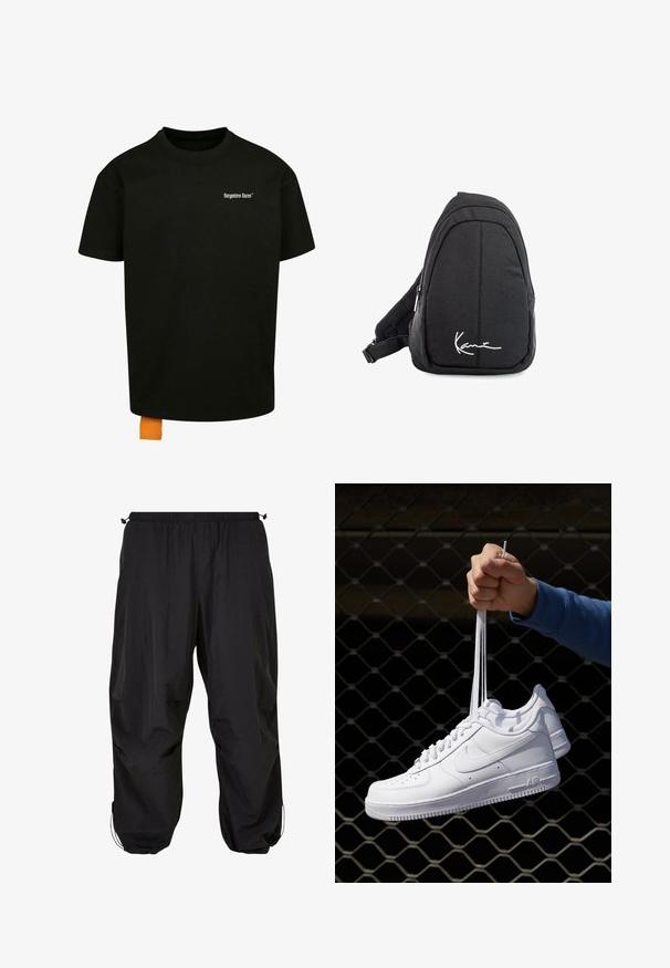 Schwarzes Baumwoll-T-Shirt mit lockerer Passform, Rundhalsausschnitt und kurzen Ärmeln. Mit weißem Textlogo auf der Brust und einem orangefarbenen Etikett am Saum.; Schwarze, locker sitzende Hose aus leichtem Stoff; mit elastischem Bund und verstellbaren Kordeln am Saum.; Weiße Leder-Sneaker mit Perforationen, runder Zehenpartie, flacher Sohle und dicken Schnürsenkeln, mit sichtbar eingesticktem Swoosh-Logo und "AIR" an der Ferse.; Schwarzer Stoff-Sling-Rucksack mit glatter Textur, gekennzeichnet durch ein geschwungenes Design, ein Reißverschlussfach und einem weißen Logo auf der Vorderseite.