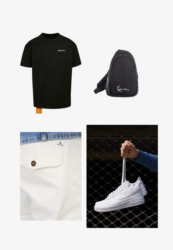 T-shirt nero in cotone con vestibilità ampia, colletto rotondo e maniche corte. Presenta un logo in testo bianco sul petto e un'etichetta arancio sull'orlo.; Pantaloni corti bianchi in cotone con tasca frontale, dotati di un bottone marrone e un piccolo etichetta JACK & JONES vicino alla vita.; Sneakers in pelle bianca con perforazioni, punta rotonda, suola piatta e lacci spessi, con logo swoosh visibile e "AIR" sul tallone.; Zaino a tracolla in tessuto nero con una superficie liscia, caratterizzato da un design curvo, scomparto con zip e un logo bianco sul davanti.