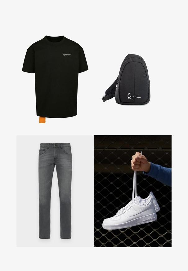 Black cotton t-shirt with a loose fit, crew neck, and short sleeves. Features white text logo on the chest and an orange tag at the hem.; Gray denim jeans with a classic straight fit, featuring a standard five-pocket design and a subtle faded texture throughout.; White leather sneakers with perforations, round toe, flat sole, and thick laces, featuring a visible swoosh logo and "AIR" on the heel.; Black fabric sling backpack with a smooth texture, featuring a curved design, zippered compartment, and a white logo on the front.