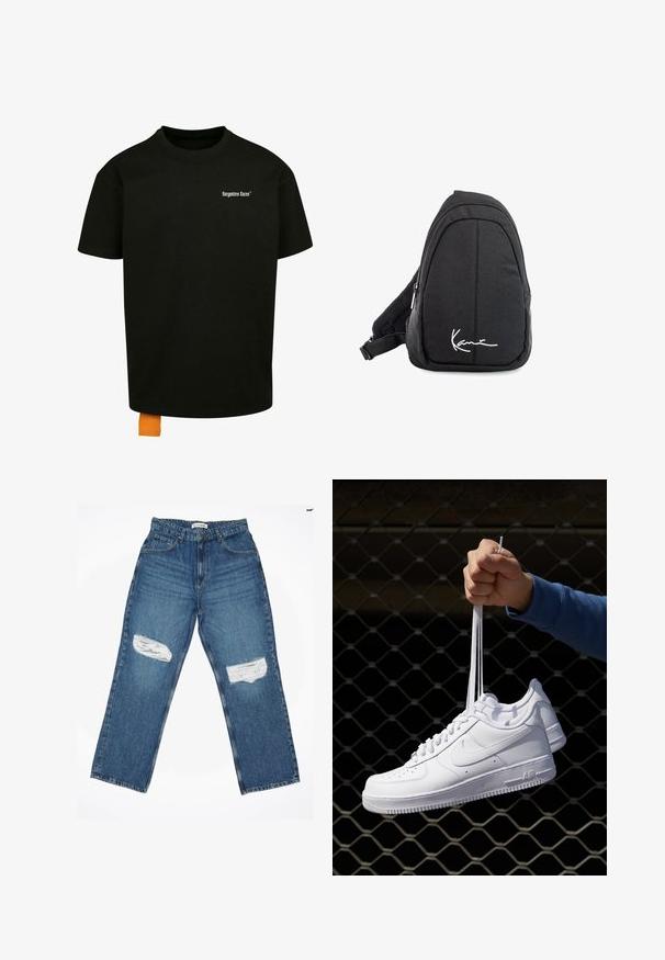 Crna pamukasta majica s opuštenim krojem, okruglim izrezom i kratkim rukavima. Ima bijeli tekstualni logo na prsima i narančastu oznaku na rubu.; Svijetloplave traperice s ravnim nogavicama, koje imaju dva izlizanaoja na koljenima i standardni dizajn s pet džepova.; Bijele kožne tenisice s perforacijama, okruglim vrhom, ravnim potplatom i debelim vezicama, s vidljivim swoosh logom i natpisom "AIR" na peti.; Crni platneni ruksak sa sling stilom s glatkom teksturom, koji ima zakrivljen dizajn, zatvoreni odjeljak sa zatvaračem i bijeli logo sprijeda.