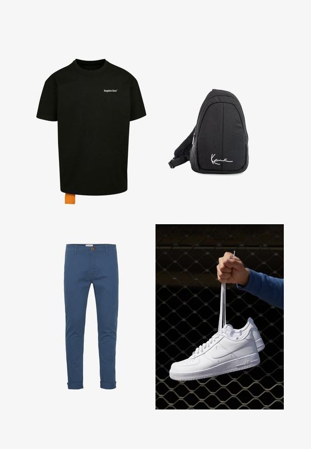 Černé bavlněné tričko s volným střihem, kulatým výstřihem a krátkými rukávy. Na hrudi se nachází bílý textový logo a na lemu je oranžová etiketa.; Blend BHNATAN SLIM FIT - Chino kalhoty - ensign blue; Bílé kožené tenisky s perforacemi, kulatou špičkou, plochou podrážkou a silnými tkaničkami, které mají viditelné logo swoosh a nápis "AIR" na patě.; Černý textilní batoh s popruhem přes rameno, hladkým povrchem, zakřiveným designem, zipovou přihrádkou a bílým logem na přední straně.