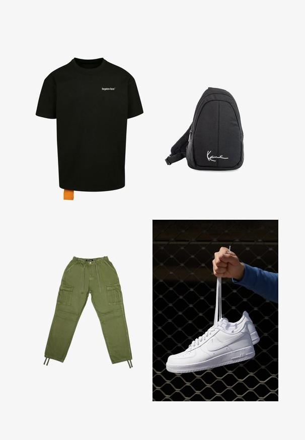 Mustapaita, jossa on löysä istuvuus, pyöreä kaula-aukko ja lyhyet hihat. Rinnassa valkoinen tekstilogo ja hemassa oranssi etiketti.; Oliivinvihreät cargo-housut, jotka on valmistettu kevyestä kankaasta. Housuissa on joustava vyötärö, nauhakuulokkeet ja useita sivutaskuja.; Valkoiset nahkasneakersit, joissa on rei'ityksiä, pyöreä kärki, tasapohja ja paksut nauhat, joissa on näkyvä swoosh-logo ja "AIR" kantapäässä.; Musta kangaskassireppu, jossa on sileä pinta, kaareva muotoilu, vetoketjullinen osio ja valkoinen logo etupuolella.