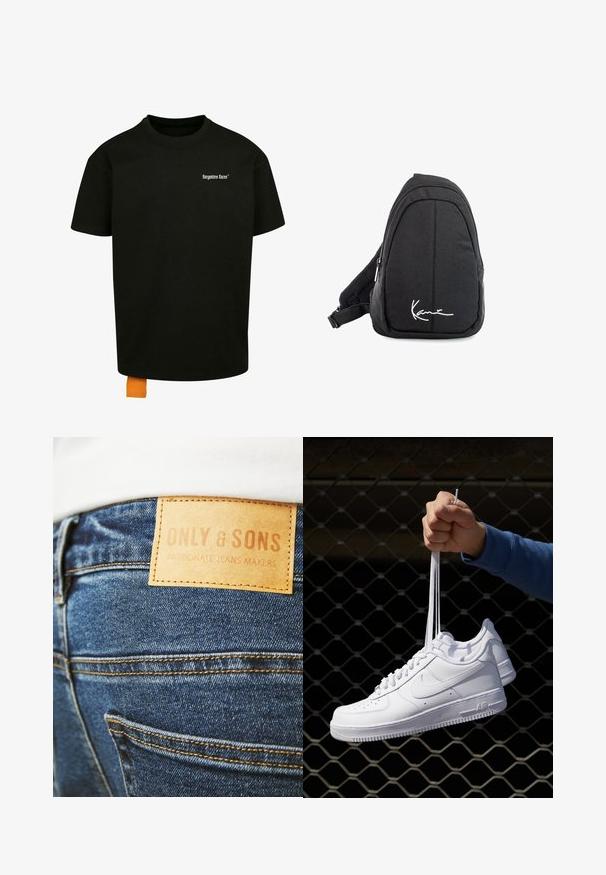 Juodas medvilnės marškinėliai laisvu kirpimu, apvalia iškirpte ir trumpomis rankovėmis. Pirmoje pusėje yra balta tekstinė logo ir oranžinė etiketė ant apačios.; Mėlynos džinsinės kelnės su ryškiu rusvu odiniu etikečių, siuvinėtu ant nugaros, kuriame yra užrašai "ONLY & SONS" ir "PASSIONATE JEANS MAKERS."; Balti odiniai sportiniai bateliai su perforacijomis, apvalia nosimi, plokščiu padu ir storomis raištelėmis, su matomu swoosh logotipu ir "AIR" ant kulno.; Juodas audinio petinis krepšys su lygiu paviršiumi, turintis kreivą dizainą, užtrauktuku uždaromą skyrių ir baltą logotipą priekyje.