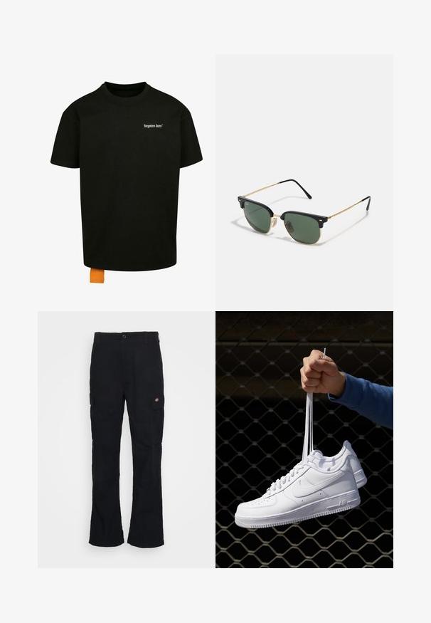 Zwarte katoenen t-shirt met een losse pasvorm, ronde hals en korte mouwen. Bevat een wit tekstlogo op de borst en een oranje label aan de zoom.; Zwarte cargobroek met een rechte pijpdesign, gemaakt van duurzaam materiaal, voorzien van zijzakken en een patchlogo aan de linkerkant.; Witte leren sneakers met perforaties, ronde neus, vlakke zool en dikke veters, met een zichtbare swoosh-logo en "AIR" op de hiel.; Zonnebril met groene lenzen, zwart plastic bovenframe, gouden metalen accenten en slanke zwarte pootjes. Beschikt over een kenmerkend brugontwerp.