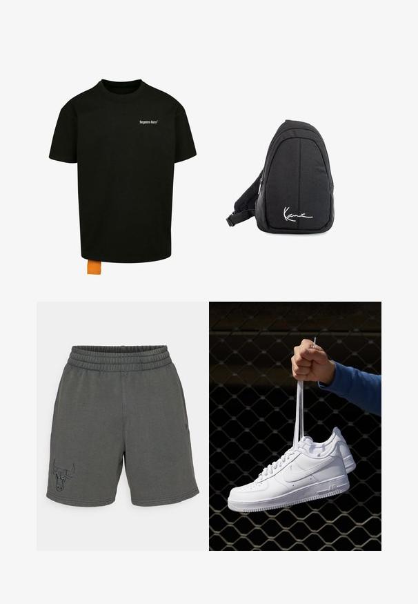 Must must T-särk, millel on lõtv lõige, ümmargune kaelus ja lühikesed varrukad. Rinnal on valge teksti logo ja hemil oranž silt.; Tumedate hallid lühikesed püksid, mis on valmistatud pehmest kangast, kummiga vöökoht ja vasakul poolel on tikitud pulli logo.; Valged nahast tennisetossud, millel on perforatsioonid, ümar nina, lame tallus ja paksud nöörid, nähtava swooshi logoga ja "AIR" kontsadel.; Mustmust kangas õlakott sujuva tekstuuriga, millel on kaarduv disain, tõmblukuga sektsioon ja valge logo esiküljel.