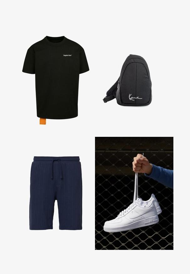 T-shirt en coton noir avec une coupe décontractée, col rond et manches courtes. Présente un logo en texte blanc sur la poitrine et une étiquette orange à l'ourlet.; Shorts bleu marine en tissu texturé avec des rayures verticales. Dotés d'une taille élastique et d'un cordon de serrage ; design décontracté.; Baskets en cuir blanc avec perforations, à bout rond, semelle plate et lacets épais, arborant un logo swoosh visible et "AIR" sur le talon.; Sac à dos en toile noire avec une texture lisse, arborant un design courbé, un compartiment zippé et un logo blanc sur le devant.