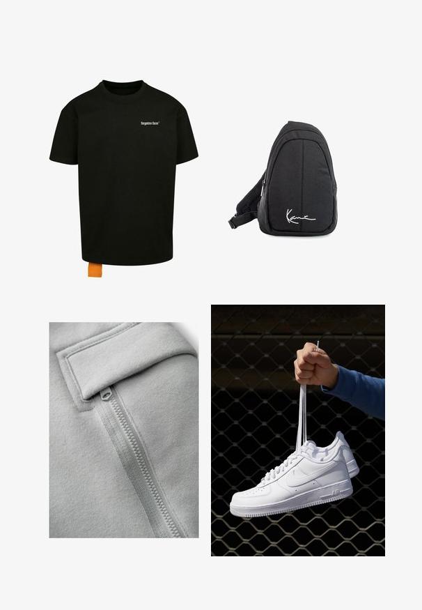 Čierne bavlnené tričko s voľným strihom, okrúhlym výstrihom a krátkymi rukávmi. Obsahuje biele logo s textom na hrudi a oranžový štítok na leme.; Next UTILITY JOGGERS- REGULAR FIT - Kapsáče - light grey; Biele kožené tenisky s perforáciami, okrúhlou špičkou, plochou podrážkou a hrubými šnúrkami, pričom majú viditeľné logo swoosh a nápis "AIR" na päte.; Čierny látkový vakuový batoh s hladkou textúrou, ktorý má zakrivený dizajn, zipsovú priehradku a biele logo vpredu.