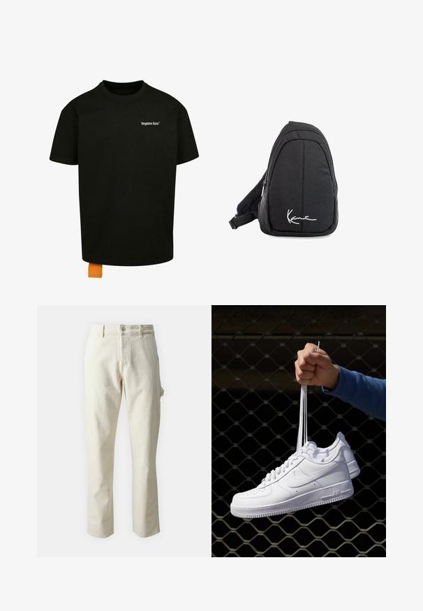 Black cotton t-shirt with a loose fit, crew neck, and short sleeves. Features white text logo on the chest and an orange tag at the hem.; Beige straight-leg trousers made of cotton with a soft texture, featuring a front button closure and side pocket detail.; White leather sneakers with perforations, round toe, flat sole, and thick laces, featuring a visible swoosh logo and "AIR" on the heel.; Black fabric sling backpack with a smooth texture, featuring a curved design, zippered compartment, and a white logo on the front.
