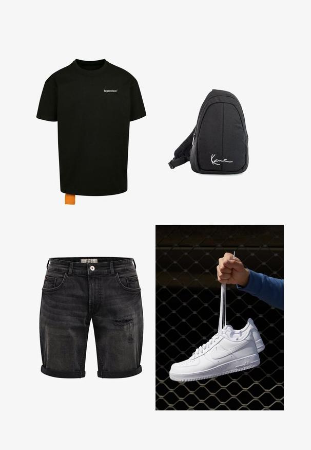 Melnas kokvilnas T-krekls ar brīvu piegriezumu, apaļu kakla izgriezumu un īsām piedurknēm. Uz krūtīm ir balts teksta logo, un apakšmalā ir oranžs uzšuves tags.; Melnas džinsu šorti ar nolietotu apdari, ar izliekamiem malām, piecu kabatu dizainu un subtilu izbalēšanu, lai nodrošinātu tekstūru un detaļas.; Baltas ādas sporta apavi ar perforācijām, apaļu purngali, plakanu zoli un biezām šņorēm, ar redzamu swoosh logo un vārdu "AIR" uz papēža.; Melnas auduma siksnu mugursoma ar gludu tekstūru, ar izliekta dizaina, ar rāvējslēdzēju, un uz priekšu ir balts logo.