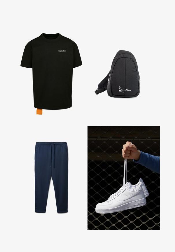 Schwarzes Baumwoll-T-Shirt mit lockerer Passform, Rundhalsausschnitt und kurzen Ärmeln. Mit weißem Textlogo auf der Brust und einem orangefarbenen Etikett am Saum.; Marineblaue Jogginghosen aus weichem Stoff, mit einem elastischen Bund und Kordelzug, seitlichen Taschen und ribbeligen Bündchen an den Knöcheln.; Weiße Leder-Sneaker mit Perforationen, runder Zehenpartie, flacher Sohle und dicken Schnürsenkeln, mit sichtbar eingesticktem Swoosh-Logo und "AIR" an der Ferse.; Schwarzer Stoff-Sling-Rucksack mit glatter Textur, gekennzeichnet durch ein geschwungenes Design, ein Reißverschlussfach und einem weißen Logo auf der Vorderseite.