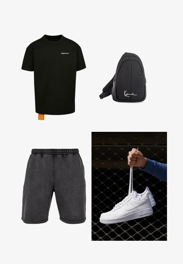 Černé bavlněné tričko s volným střihem, kulatým výstřihem a krátkými rukávy. Na hrudi se nachází bílý textový logo a na lemu je oranžová etiketa.; Černé bavlněné šortky s elastickým pasem, které mají boční kapsy a dekorativní šití. Tkanina má jemnou, matnou strukturu.; Bílé kožené tenisky s perforacemi, kulatou špičkou, plochou podrážkou a silnými tkaničkami, které mají viditelné logo swoosh a nápis "AIR" na patě.; Černý textilní batoh s popruhem přes rameno, hladkým povrchem, zakřiveným designem, zipovou přihrádkou a bílým logem na přední straně.