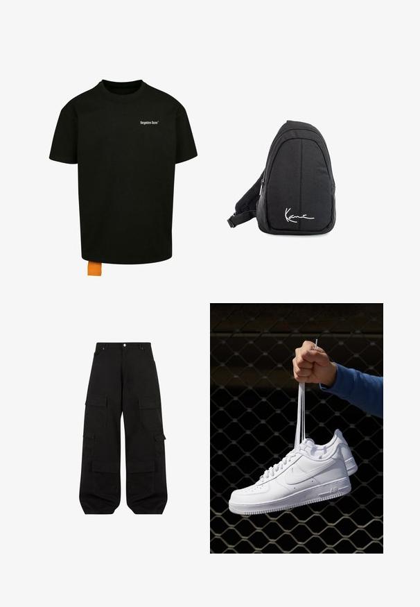 Crna pamukasta majica s opuštenim krojem, okruglim izrezom i kratkim rukavima. Ima bijeli tekstualni logo na prsima i narančastu oznaku na rubu.; Crne cargo hlače napravljene od izdržljivog pamuka s opuštenim krojem. Imaju više funkcionalnih džepova i ravni kroj nogavica.; Bijele kožne tenisice s perforacijama, okruglim vrhom, ravnim potplatom i debelim vezicama, s vidljivim swoosh logom i natpisom "AIR" na peti.; Crni platneni ruksak sa sling stilom s glatkom teksturom, koji ima zakrivljen dizajn, zatvoreni odjeljak sa zatvaračem i bijeli logo sprijeda.