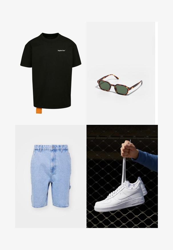 Fekete pamut póló laza szabással, kerek nyakkal és rövid ujjakkal. Fehér szöveges logóval a mellrészen és narancssárga címkével az alján.; Világoskék farmer rövidnadrág, klasszikus szabású, övhurkokkal ellátott derékrésszel, elülső zsebekkel és finom fakulási részletekkel.; Fehér bőr sportcipők perforációval, kerek orral, lapos talppal és vastag fűzőkkel, látható swoosh logóval és "AIR" felirattal a sarokrészen.; Tortoise mintás napszemüveg zöld lencsékkel, nyolcszögletű kialakítással és vékony, ívelt karokkal. Az anyag fényes felületű.
