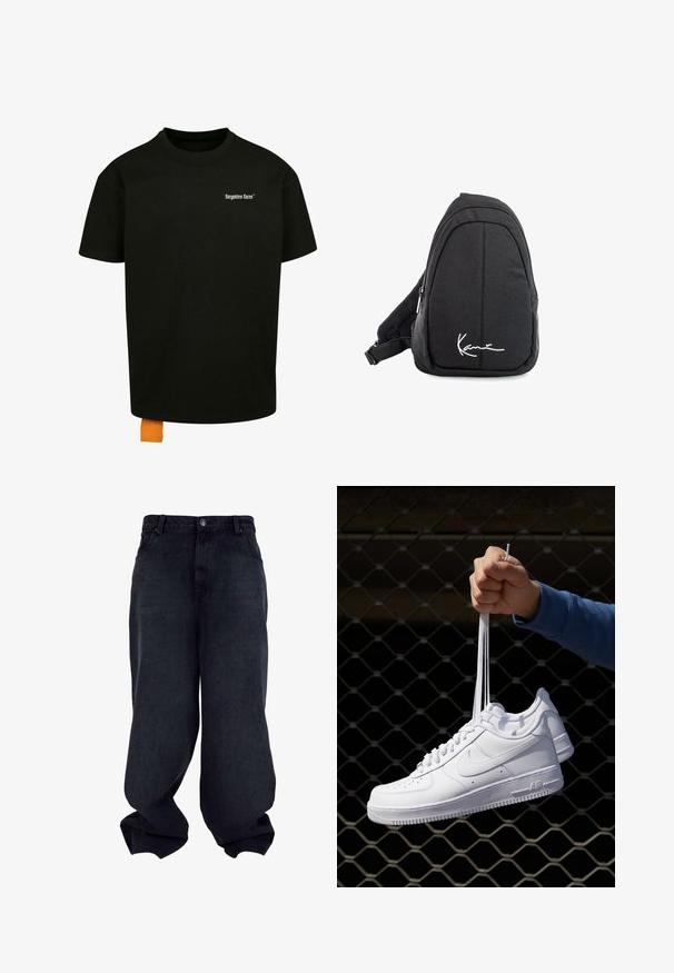 Mustapaita, jossa on löysä istuvuus, pyöreä kaula-aukko ja lyhyet hihat. Rinnassa valkoinen tekstilogo ja hemassa oranssi etiketti.; Mustat leveälahkeiset farkut, joissa on sileä pinta, viisi taskua ja napitus. Ominaisuuksina rento istuvuus ja kapeat lahkeet.; Valkoiset nahkasneakersit, joissa on rei'ityksiä, pyöreä kärki, tasapohja ja paksut nauhat, joissa on näkyvä swoosh-logo ja "AIR" kantapäässä.; Musta kangaskassireppu, jossa on sileä pinta, kaareva muotoilu, vetoketjullinen osio ja valkoinen logo etupuolella.