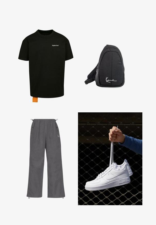 Mustapaita, jossa on löysä istuvuus, pyöreä kaula-aukko ja lyhyet hihat. Rinnassa valkoinen tekstilogo ja hemassa oranssi etiketti.; Harmaat, leveälahkeat housut pehmeästä kankaasta. Varustettu joustavalla vyötäröllä, sivutaskuilla ja vetoketjullisilla lahkeilla. Yksinkertainen muotoilu vähäisellä yksityiskohdalla.; Valkoiset nahkasneakersit, joissa on rei'ityksiä, pyöreä kärki, tasapohja ja paksut nauhat, joissa on näkyvä swoosh-logo ja "AIR" kantapäässä.; Musta kangaskassireppu, jossa on sileä pinta, kaareva muotoilu, vetoketjullinen osio ja valkoinen logo etupuolella.