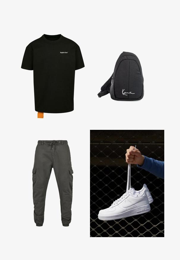 Schwarzes Baumwoll-T-Shirt mit lockerer Passform, Rundhalsausschnitt und kurzen Ärmeln. Mit weißem Textlogo auf der Brust und einem orangefarbenen Etikett am Saum.; Cargo-Hosen aus dunkelgrauem Baumwollstoff mit einem elastischen Bund, verstellbarem Kordelzug und mehreren Seitentaschen. Elastische Bündchen an den Knöcheln.; Weiße Leder-Sneaker mit Perforationen, runder Zehenpartie, flacher Sohle und dicken Schnürsenkeln, mit sichtbar eingesticktem Swoosh-Logo und "AIR" an der Ferse.; Schwarzer Stoff-Sling-Rucksack mit glatter Textur, gekennzeichnet durch ein geschwungenes Design, ein Reißverschlussfach und einem weißen Logo auf der Vorderseite.