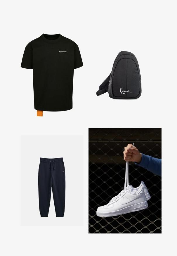 Čierne bavlnené tričko s voľným strihom, okrúhlym výstrihom a krátkymi rukávmi. Obsahuje biele logo s textom na hrudi a oranžový štítok na leme.; Námořnické tepláky vyrobené z měkké tkaniny, s elastickým pasem na šňůrku, bočními kapsami a žebrovanými manžetami.; Biele kožené tenisky s perforáciami, okrúhlou špičkou, plochou podrážkou a hrubými šnúrkami, pričom majú viditeľné logo swoosh a nápis "AIR" na päte.; Čierny látkový vakuový batoh s hladkou textúrou, ktorý má zakrivený dizajn, zipsovú priehradku a biele logo vpredu.