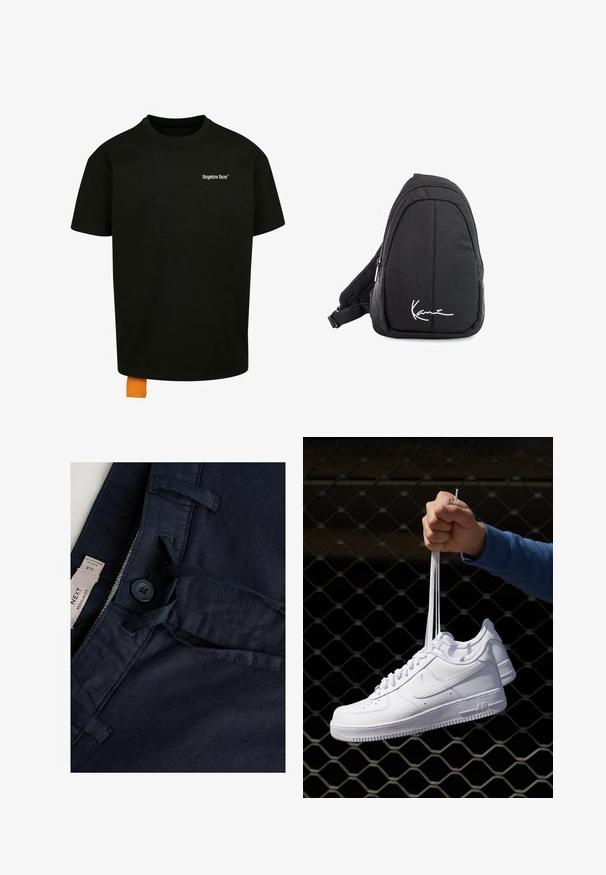 Čierne bavlnené tričko s voľným strihom, okrúhlym výstrihom a krátkymi rukávmi. Obsahuje biele logo s textom na hrudi a oranžový štítok na leme.; Námornícke modré nohavice s hladkým povrchom, so zapínaním na gombík, šnúrkou a štítkom. Prešité detaily na páse.; Biele kožené tenisky s perforáciami, okrúhlou špičkou, plochou podrážkou a hrubými šnúrkami, pričom majú viditeľné logo swoosh a nápis "AIR" na päte.; Čierny látkový vakuový batoh s hladkou textúrou, ktorý má zakrivený dizajn, zipsovú priehradku a biele logo vpredu.