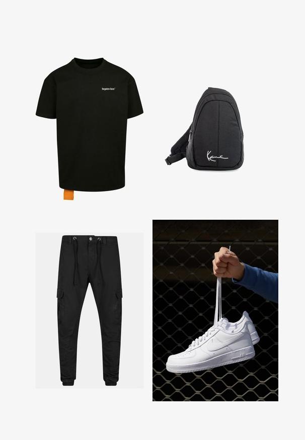 Černé bavlněné tričko s volným střihem, kulatým výstřihem a krátkými rukávy. Na hrudi se nachází bílý textový logo a na lemu je oranžová etiketa.; Černé cargo kalhoty s elastickými manžetami, šňůrkovým pasem a bočními kapsami. Vyrobené z odolné látky, mají hladkou texturu a minimalistický design.; Bílé kožené tenisky s perforacemi, kulatou špičkou, plochou podrážkou a silnými tkaničkami, které mají viditelné logo swoosh a nápis "AIR" na patě.; Černý textilní batoh s popruhem přes rameno, hladkým povrchem, zakřiveným designem, zipovou přihrádkou a bílým logem na přední straně.