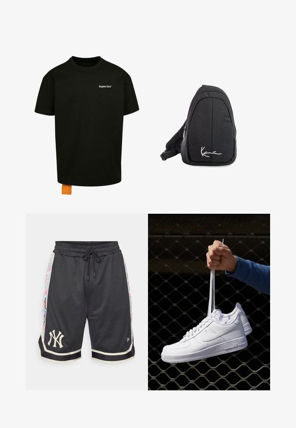 Crna pamukasta majica s opuštenim krojem, okruglim izrezom i kratkim rukavima. Ima bijeli tekstualni logo na prsima i narančastu oznaku na rubu.; Crne mrežaste kratke hlače s elastičnim pojasom i vezicom. Imaju bočne panele sa cvjetnim uzorkom i bijeli logo New York na rubu.; Bijele kožne tenisice s perforacijama, okruglim vrhom, ravnim potplatom i debelim vezicama, s vidljivim swoosh logom i natpisom "AIR" na peti.; Crni platneni ruksak sa sling stilom s glatkom teksturom, koji ima zakrivljen dizajn, zatvoreni odjeljak sa zatvaračem i bijeli logo sprijeda.