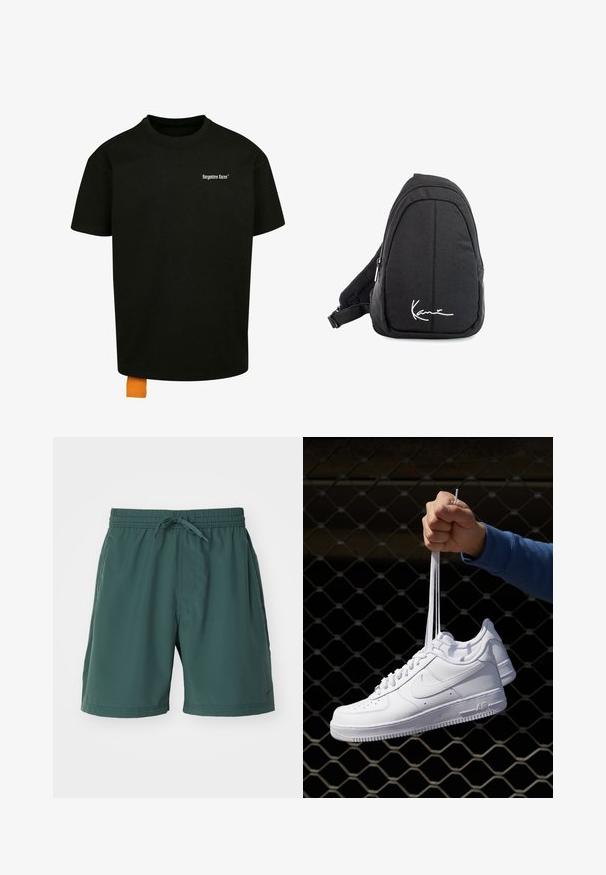 Black cotton t-shirt with a loose fit, crew neck, and short sleeves. Features white text logo on the chest and an orange tag at the hem.; Nike Performance FORM SHORT - Sports shorts - vintage green/black; White leather sneakers with perforations, round toe, flat sole, and thick laces, featuring a visible swoosh logo and "AIR" on the heel.; Black fabric sling backpack with a smooth texture, featuring a curved design, zippered compartment, and a white logo on the front.