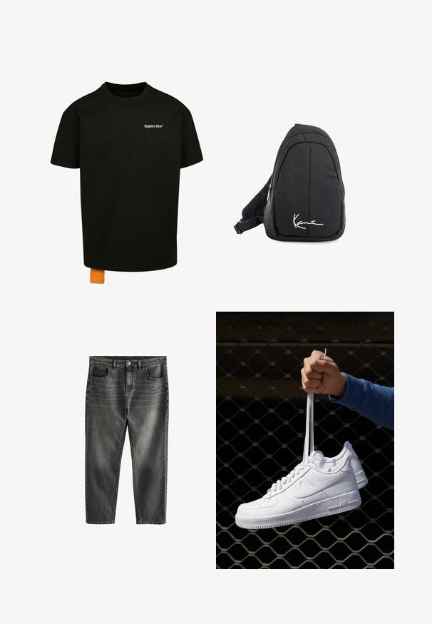 Schwarzes Baumwoll-T-Shirt mit lockerer Passform, Rundhalsausschnitt und kurzen Ärmeln. Mit weißem Textlogo auf der Brust und einem orangefarbenen Etikett am Saum.; Dunkelgraue Jeans aus Denim mit entspanntem Schnitt, fünf Taschen, dezentem Verblassen und kontrastierender Naht. Metallknopf und Reißverschluss.; Weiße Leder-Sneaker mit Perforationen, runder Zehenpartie, flacher Sohle und dicken Schnürsenkeln, mit sichtbar eingesticktem Swoosh-Logo und "AIR" an der Ferse.; Schwarzer Stoff-Sling-Rucksack mit glatter Textur, gekennzeichnet durch ein geschwungenes Design, ein Reißverschlussfach und einem weißen Logo auf der Vorderseite.