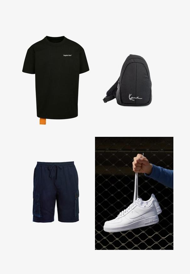Czarna bawełniana koszulka z luźnym krojem, okrągłym dekoltem i krótkimi rękawami. Zawiera białe logo tekstowe na klatce piersiowej oraz pomarańczową metkę u dołu.; Granatowe szorty cargo z elastycznym paskiem w talii, sznurkiem, kieszeniami po obu stronach oraz fakturowanym materiałem dla wygody.; Białe skórzane sneakersy z perforacjami, okrągłym noskiem, płaską podeszwą i grubymi sznurówkami, z widocznym logo swoosh i napisem „AIR” na pięcie.; Czarny plecak na ramię z gładkiego materiału, o zaokrąglonym kształcie, z zamykaną komorą i białym logo z przodu.