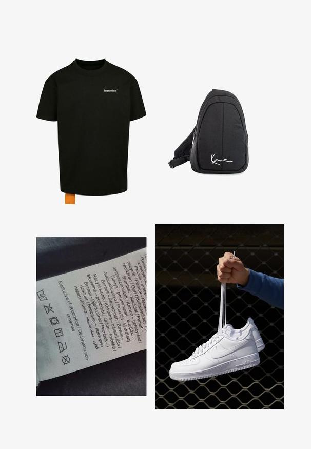 Fekete pamut póló laza szabással, kerek nyakkal és rövid ujjakkal. Fehér szöveges logóval a mellrészen és narancssárga címkével az alján.; Címke többnyelvű szöveggel, ápolási szimbólumokkal és újrahasznosítási ikonokkal, puha szövethez hasonló anyagra nyomtatva, világos színben.; Fehér bőr sportcipők perforációval, kerek orral, lapos talppal és vastag fűzőkkel, látható swoosh logóval és "AIR" felirattal a sarokrészen.; Fekete szövet válltáska sima textúrával, ívelt kialakítással, cipzáras rekesszel, és egy fehér logóval az elején.