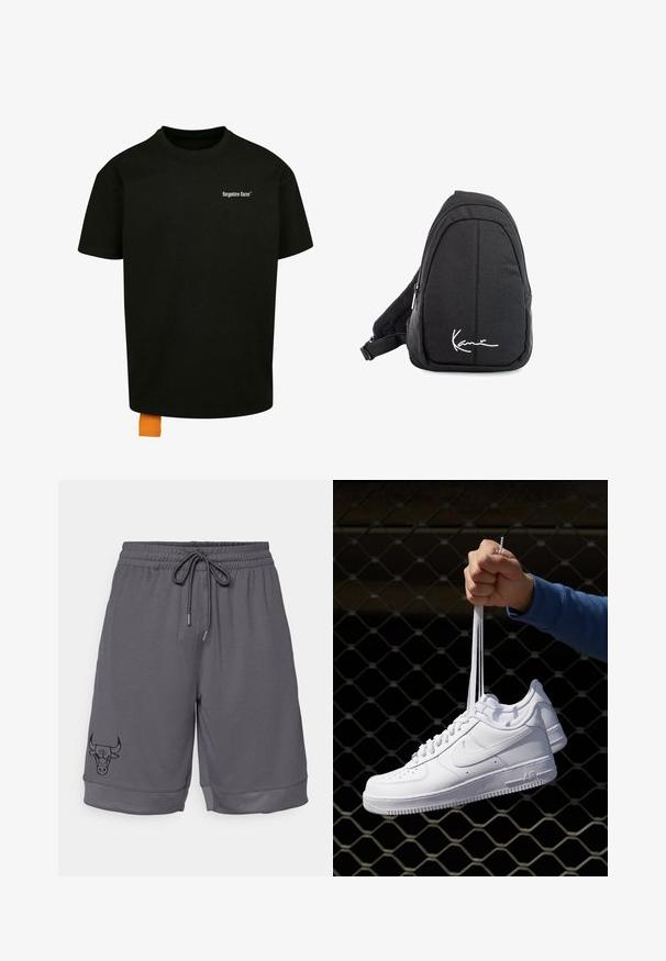 Must must T-särk, millel on lõtv lõige, ümmargune kaelus ja lühikesed varrukad. Rinnal on valge teksti logo ja hemil oranž silt.; Hallid hallid spordishortsid, mis on valmistatud tekstureeritud kangast. Omavad elastset vööd, millel on nöör ja must pulli logo vasakul küljel.; Valged nahast tennisetossud, millel on perforatsioonid, ümar nina, lame tallus ja paksud nöörid, nähtava swooshi logoga ja "AIR" kontsadel.; Mustmust kangas õlakott sujuva tekstuuriga, millel on kaarduv disain, tõmblukuga sektsioon ja valge logo esiküljel.