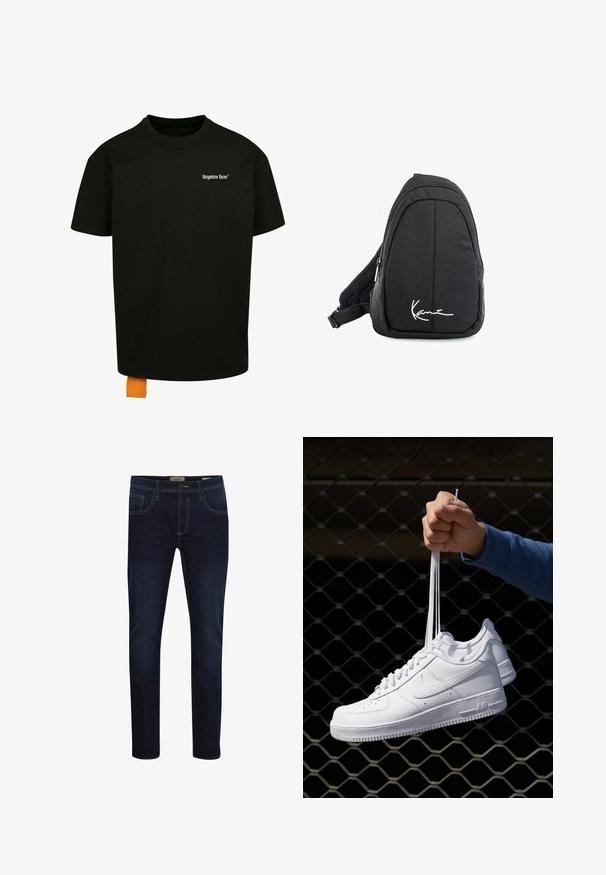 Crna pamukasta majica s opuštenim krojem, okruglim izrezom i kratkim rukavima. Ima bijeli tekstualni logo na prsima i narančastu oznaku na rubu.; Tamnoplave traperice uskog kroja, s žutim prošivima, dizajnom s pet džepova i patentnim zatvaračem. Glatka tekstura, moderan kroj.; Bijele kožne tenisice s perforacijama, okruglim vrhom, ravnim potplatom i debelim vezicama, s vidljivim swoosh logom i natpisom "AIR" na peti.; Crni platneni ruksak sa sling stilom s glatkom teksturom, koji ima zakrivljen dizajn, zatvoreni odjeljak sa zatvaračem i bijeli logo sprijeda.
