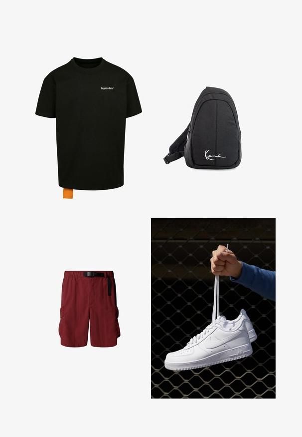 Black cotton t-shirt with a loose fit, crew neck, and short sleeves. Features white text logo on the chest and an orange tag at the hem.; Maroon cargo shorts with an elastic waistband and adjustable belt. Features two side pockets for storage. Made of lightweight fabric.; White leather sneakers with perforations, round toe, flat sole, and thick laces, featuring a visible swoosh logo and "AIR" on the heel.; Black fabric sling backpack with a smooth texture, featuring a curved design, zippered compartment, and a white logo on the front.