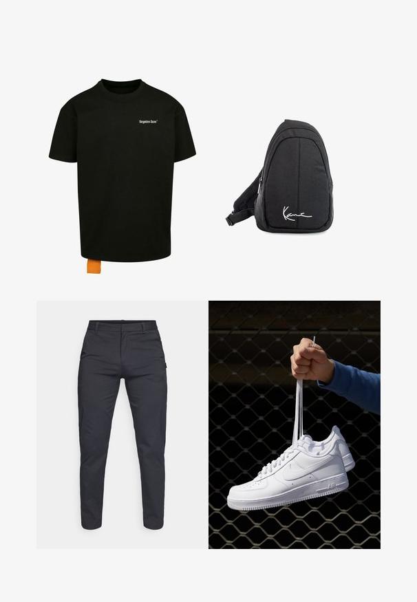 Camiseta de algodón negra con un corte holgado, cuello redondo y mangas cortas. Presenta un logotipo en texto blanco en el pecho y una etiqueta naranja en el dobladillo.; Pantalones tapered de color azul marino hechos de un material transpirable. Cuentan con un frente plano, presillas para el cinturón y un bolsillo trasero único.; Zapatillas de cuero blanco con perforaciones, punta redonda, suela plana y cordones gruesos, con un logo de swoosh visible y "AIR" en el talón.; Mochila de tela negra tipo bandolera con una textura suave, que presenta un diseño curvado, un compartimento con cremallera y un logo blanco en la parte frontal.